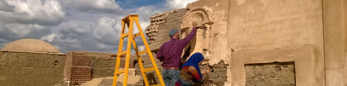 Historic wall paintings with floral and fruit motifs undergoing conservation assessment